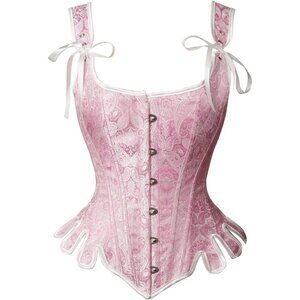 Women First Pink-plastic Bones Victorian Vintage Brocade Lace Up Overbust Corset